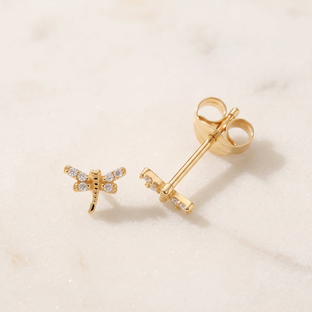 Gold Dragonfly Stud Earrings with CZ