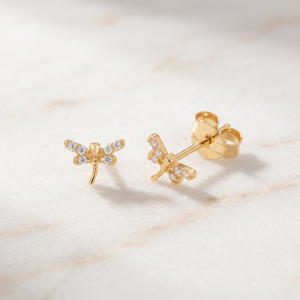 Gold Dragonfly Stud Earrings with CZ