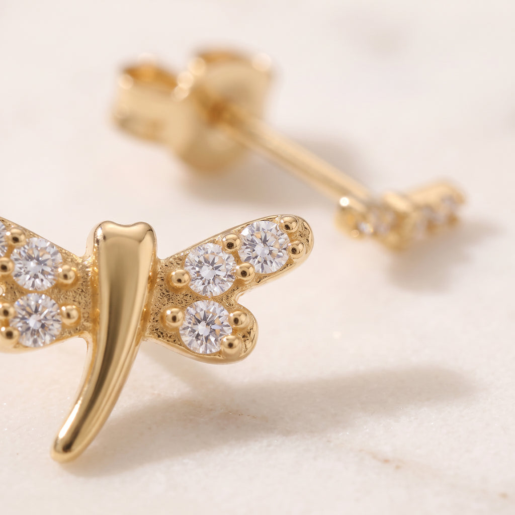 Gold Dragonfly Stud Earrings with CZ