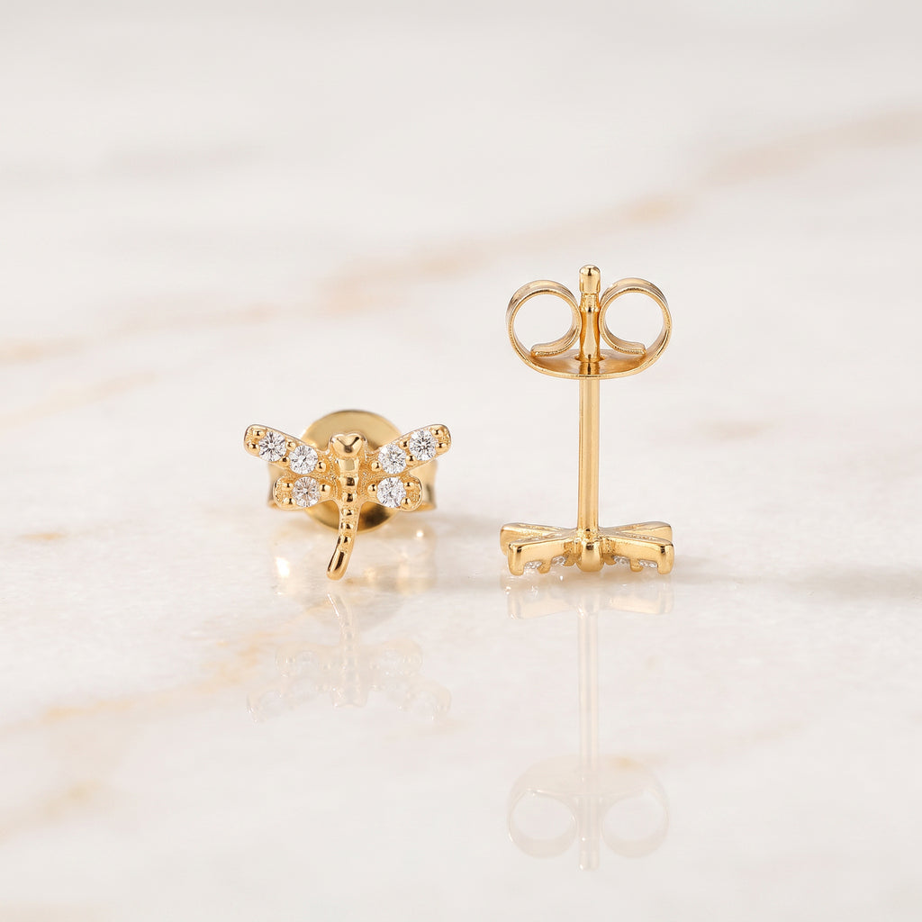 Gold Dragonfly Stud Earrings with CZ