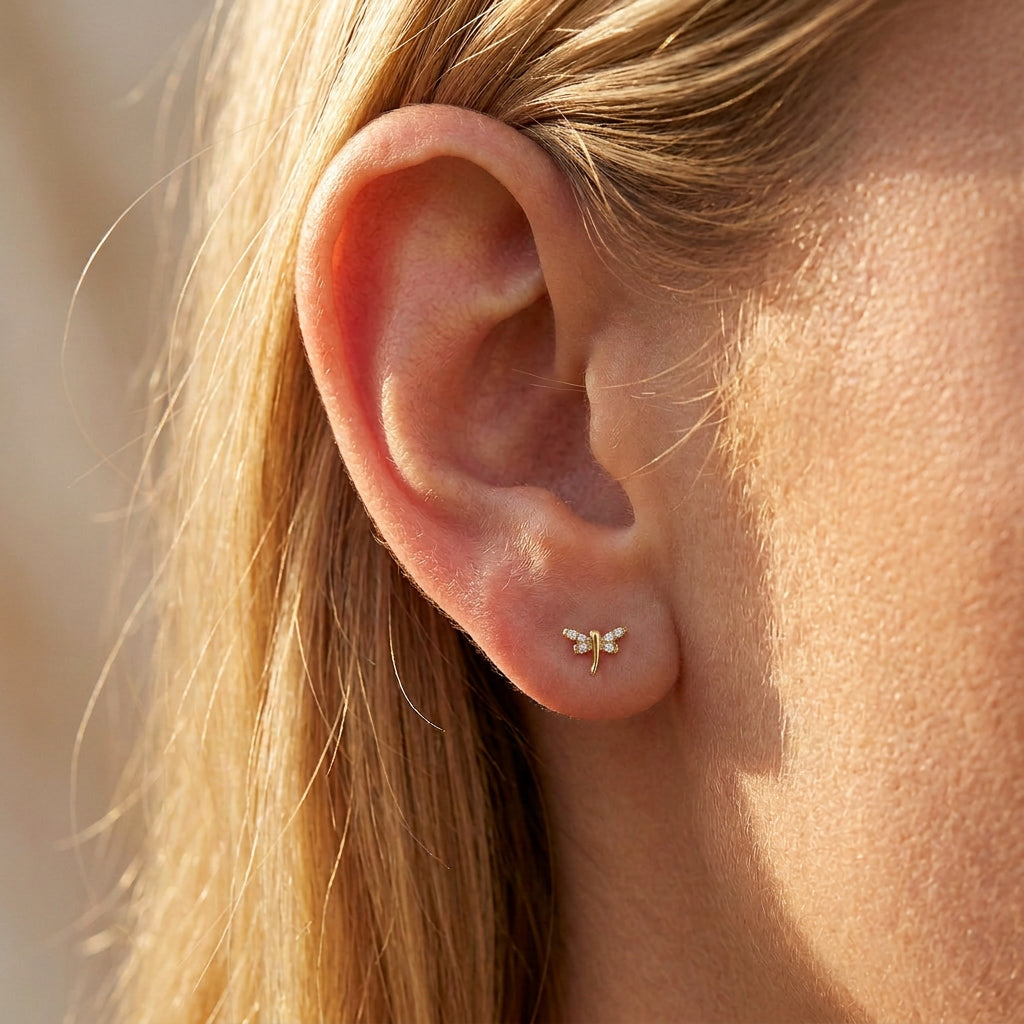 Gold Dragonfly Stud Earrings with CZ