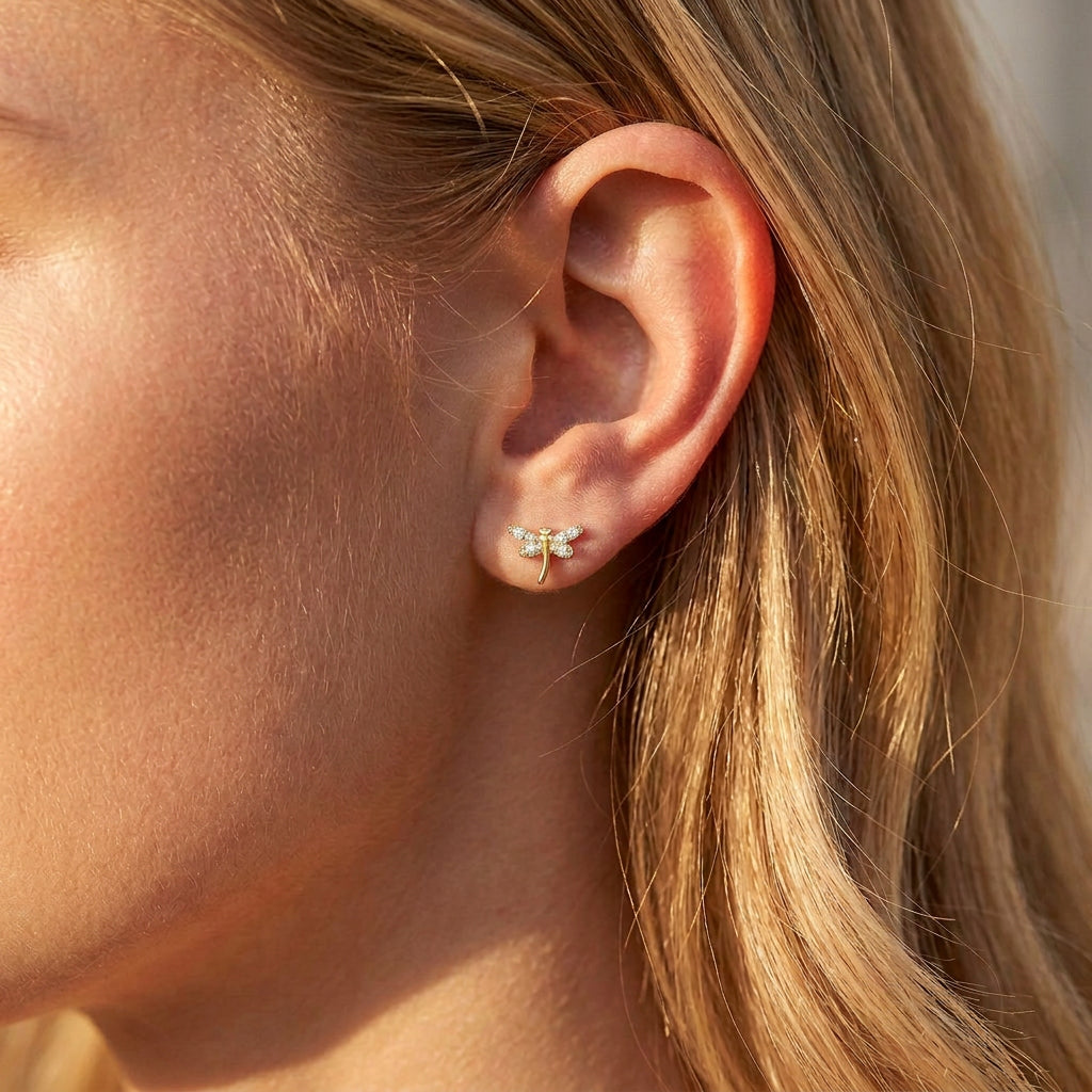 Gold Dragonfly Stud Earrings with CZ
