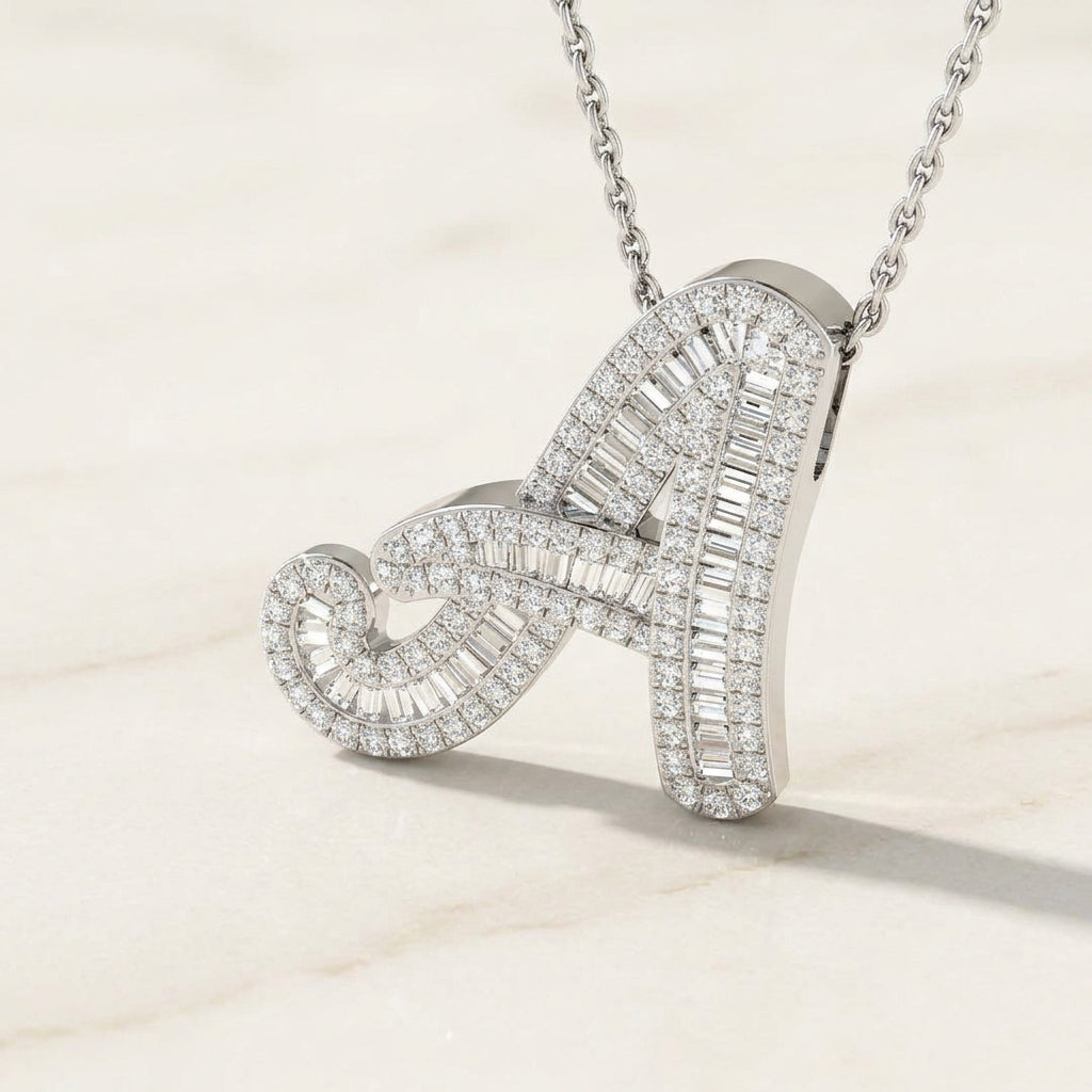 White Gold Baguette Diamond Initial Pendant