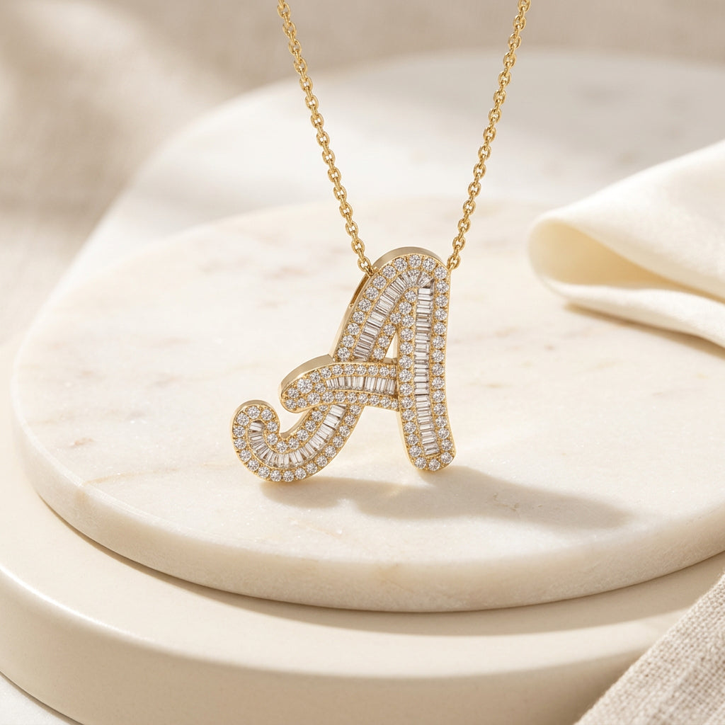 Yellow Gold Baguette Diamond Initials Pendant
