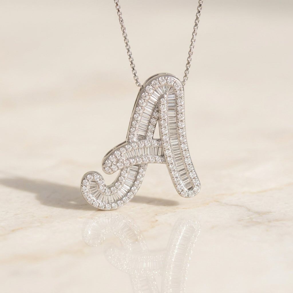White Gold Baguette Diamond Initial Pendant