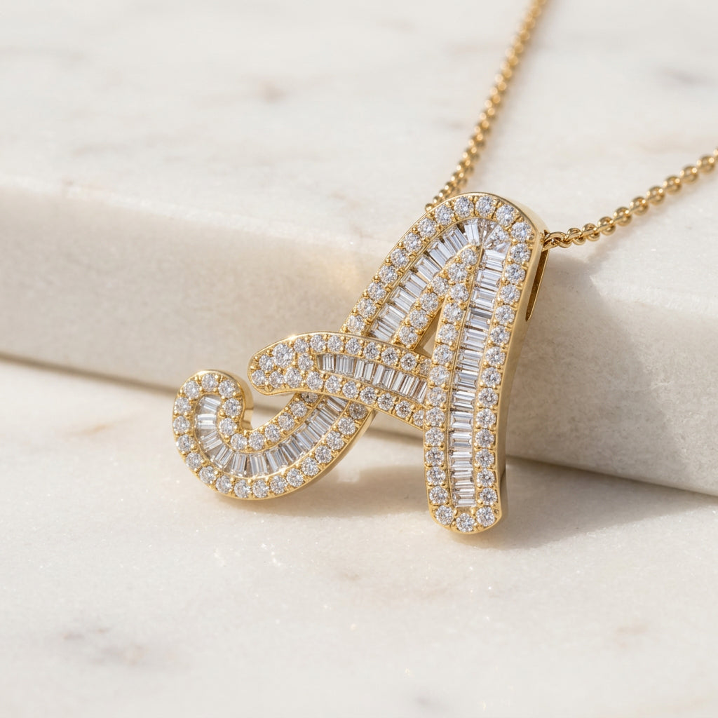 Yellow Gold Baguette Diamond Initials Pendant