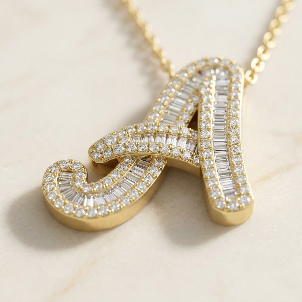 Yellow Gold Baguette Diamond Initials Pendant