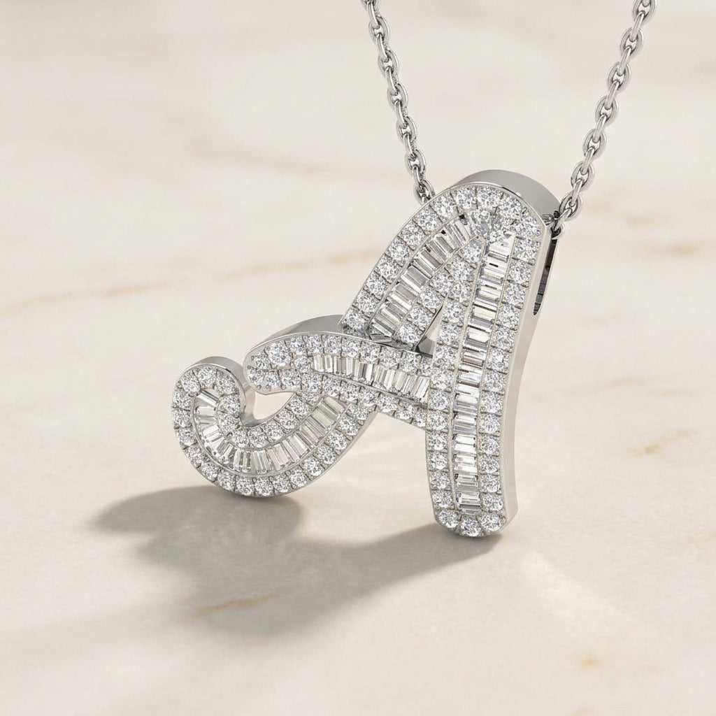 White Gold Baguette Diamond Initial Pendant