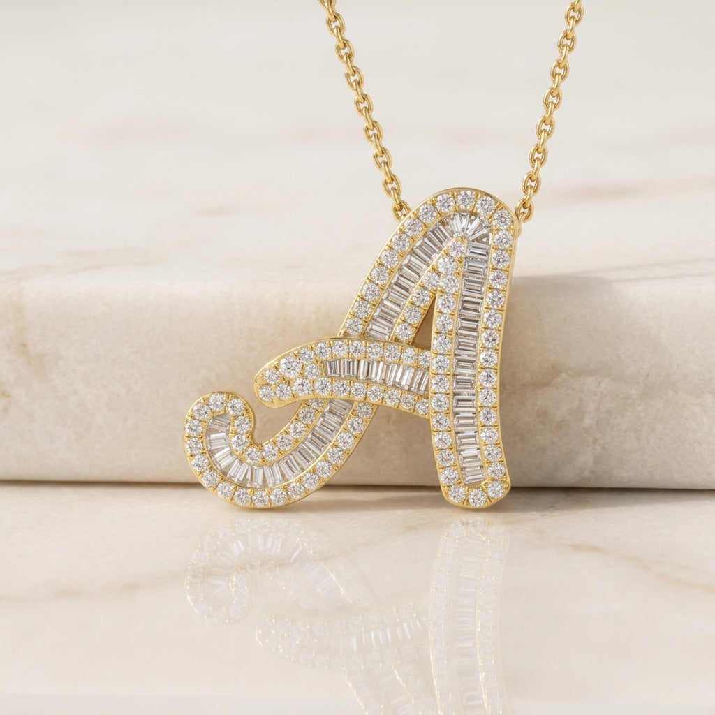 Yellow Gold Baguette Diamond Initials Pendant