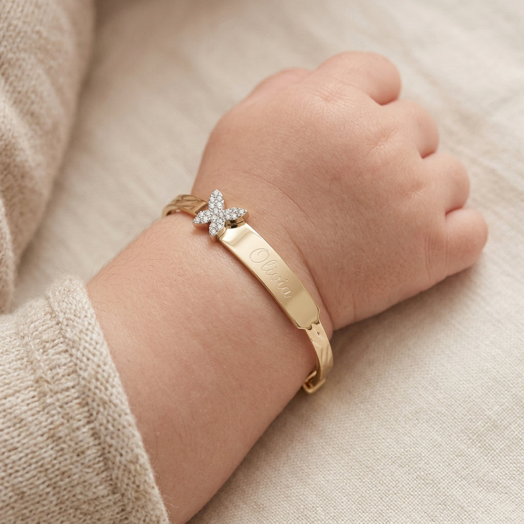 Baby ID Bangle with Butterfly Charm Yellow Gold
