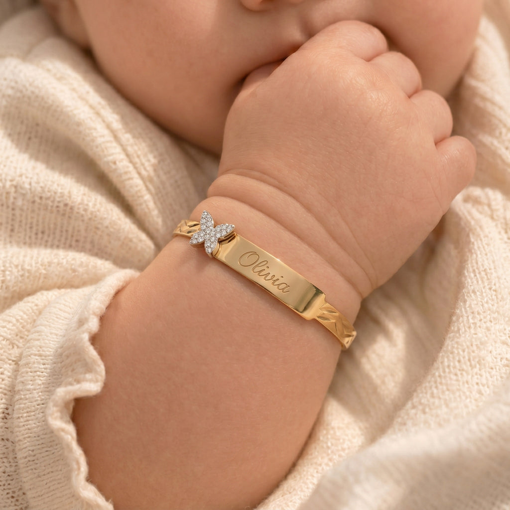 Baby ID Bangle with Butterfly Charm Yellow Gold