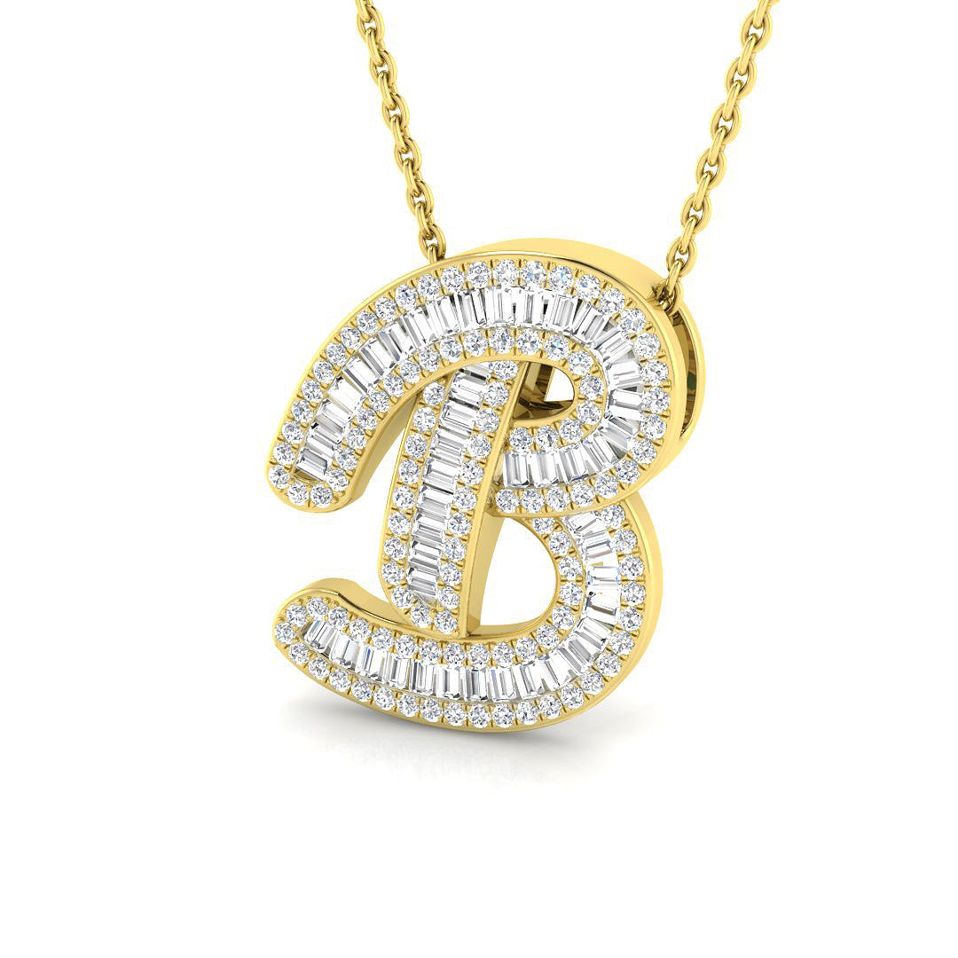 Yellow Gold Baguette Diamond Initials Pendant