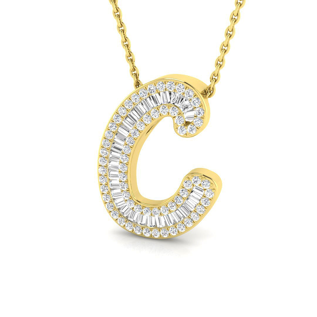 Yellow Gold Baguette Diamond Initials Pendant