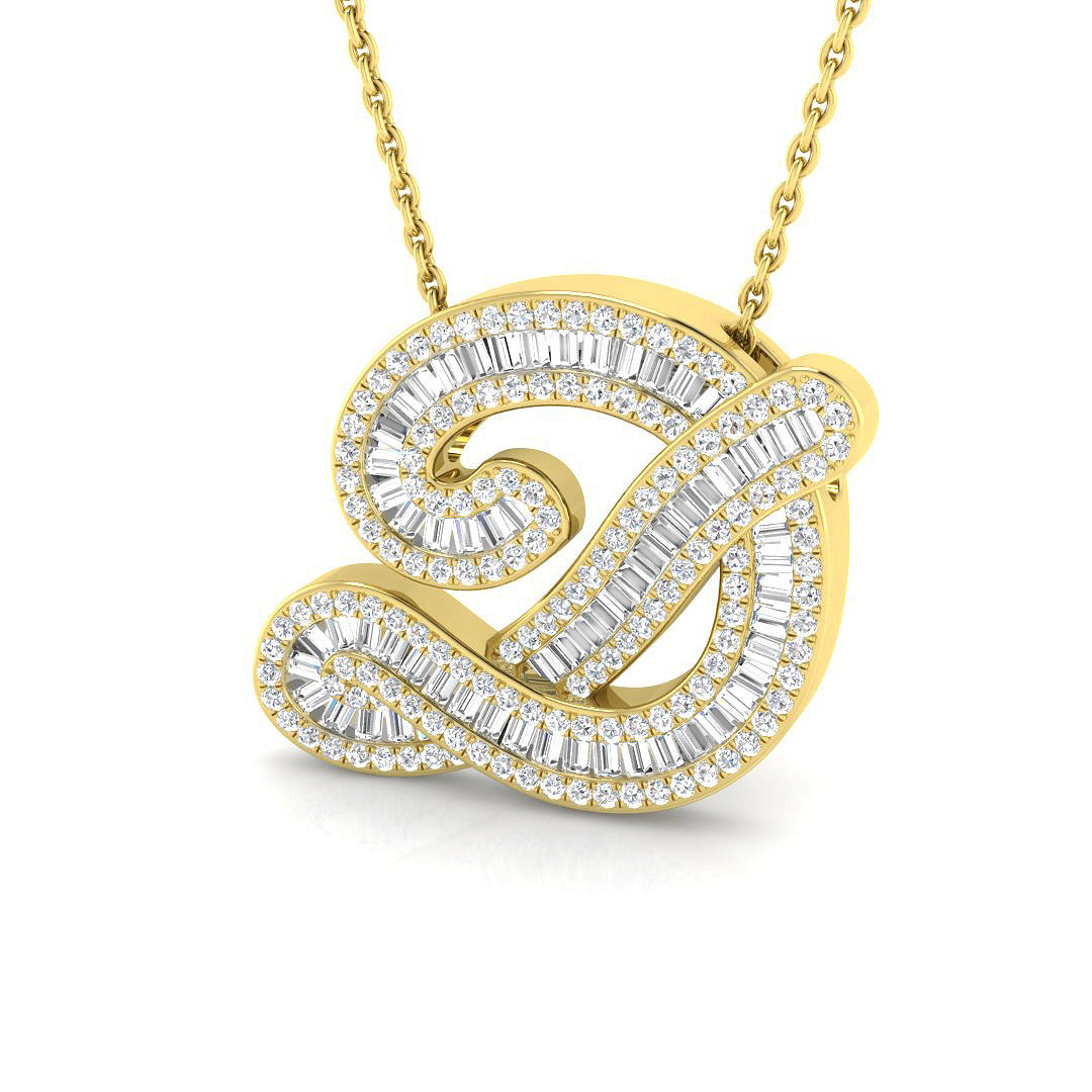 Yellow Gold Baguette Diamond Initials Pendant