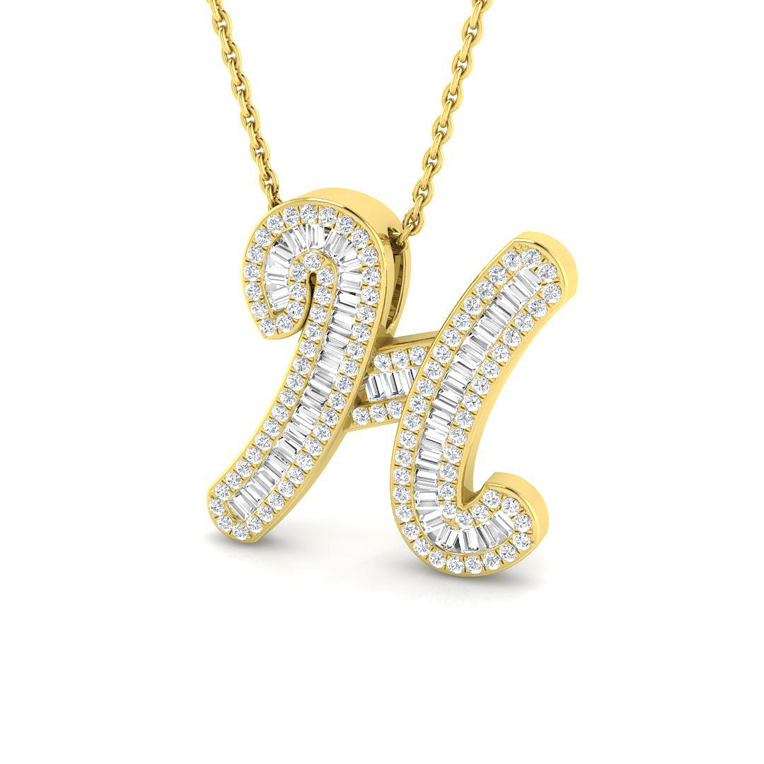 Yellow Gold Baguette Diamond Initials Pendant