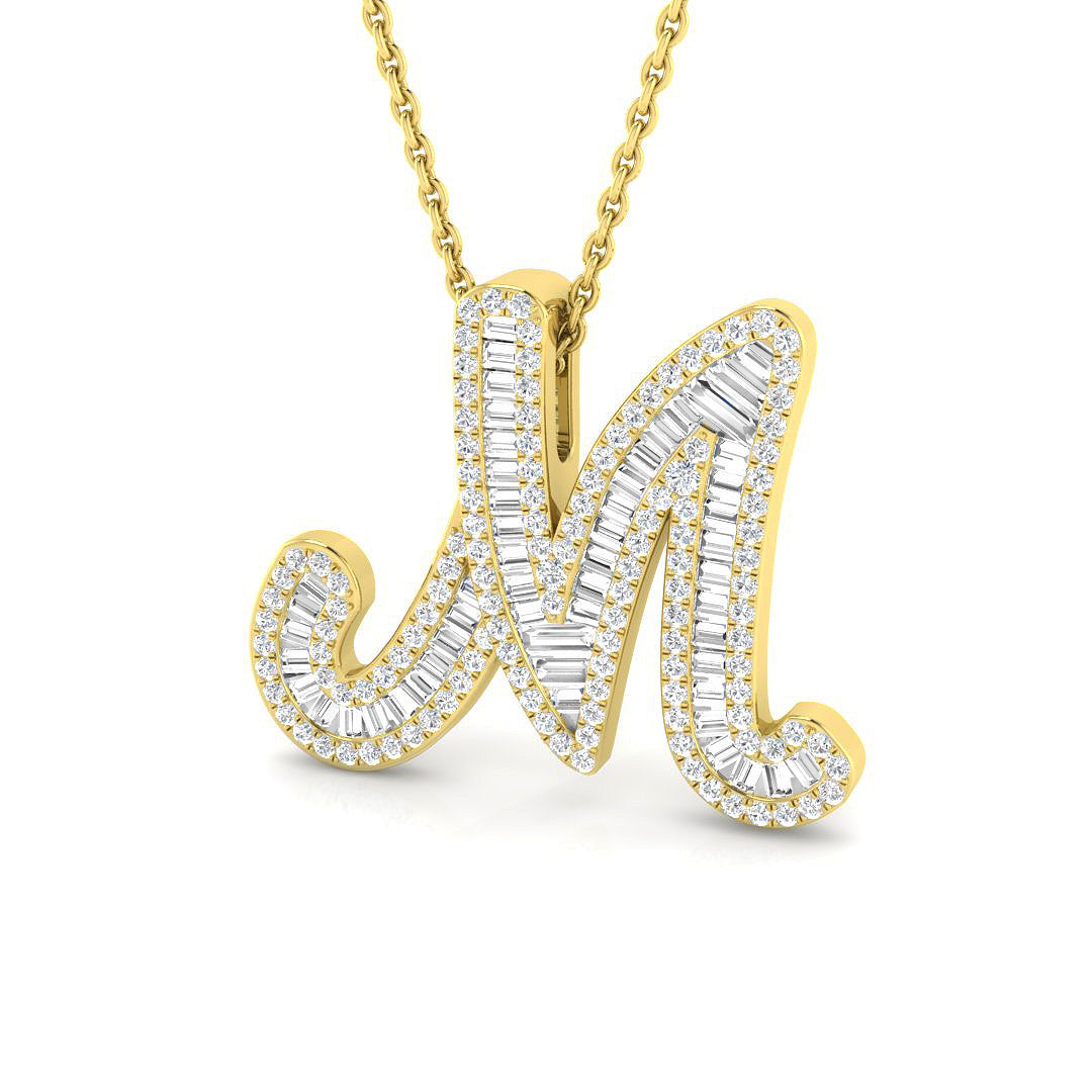 Yellow Gold Baguette Diamond Initials Pendant