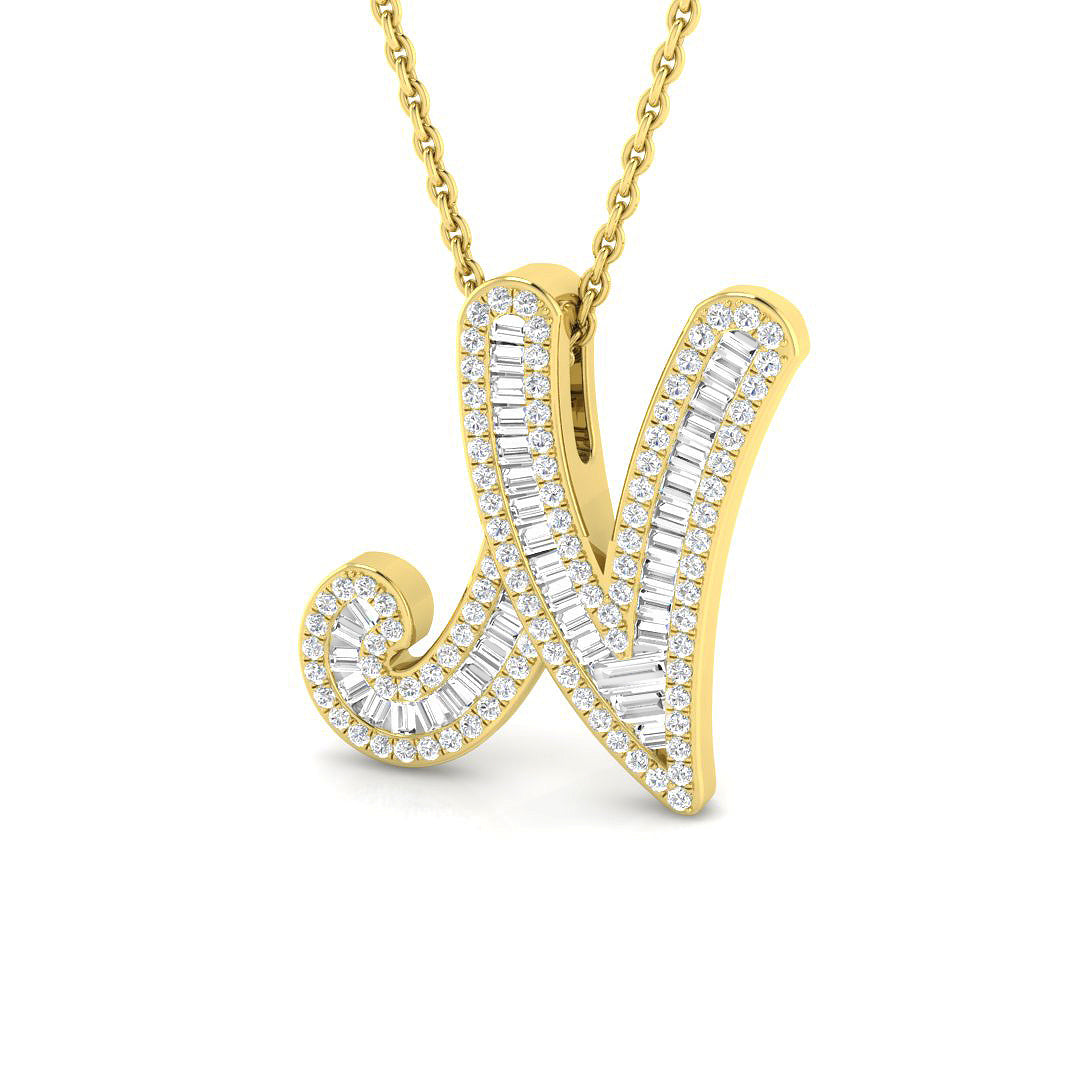 Yellow Gold Baguette Diamond Initials Pendant