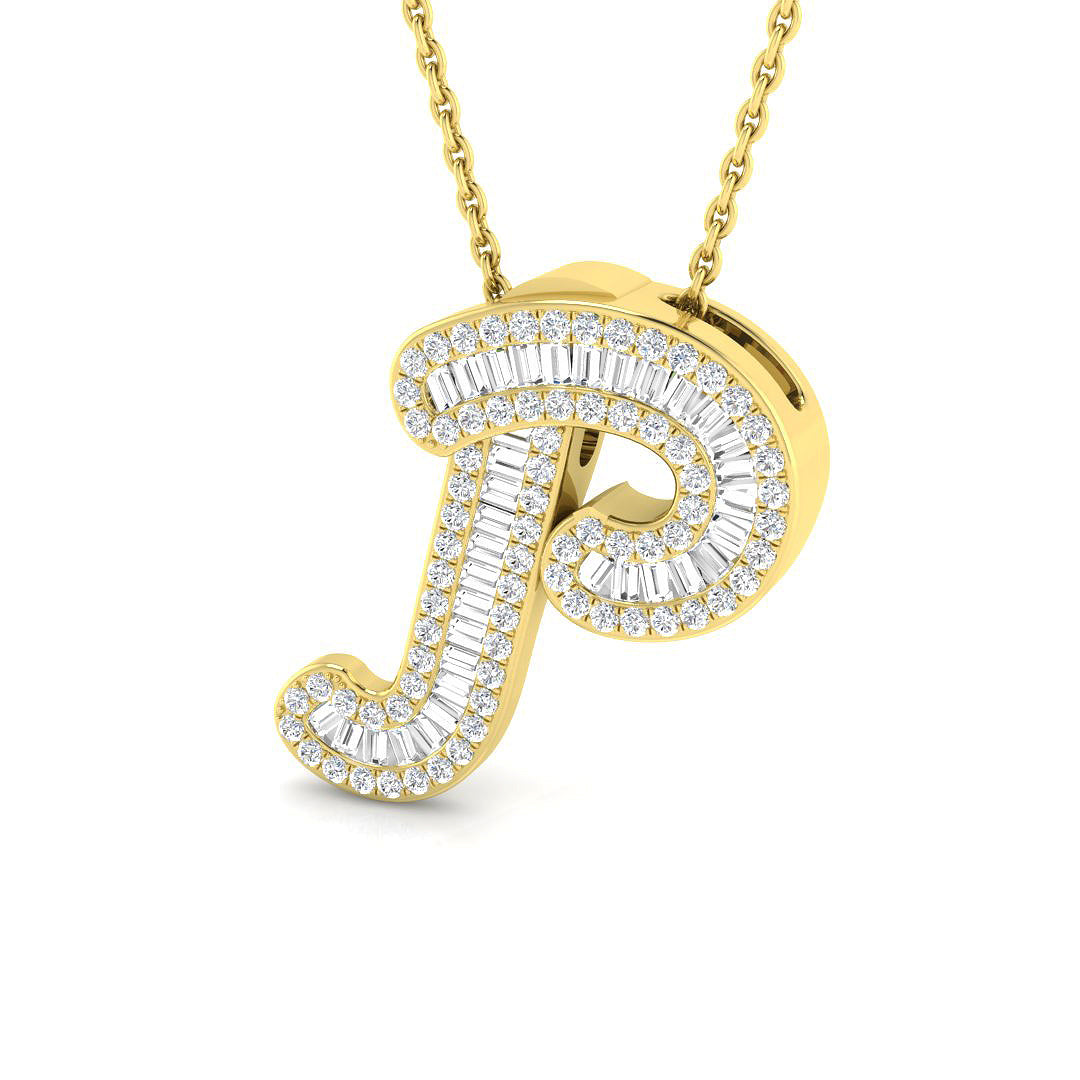 Yellow Gold Baguette Diamond Initials Pendant