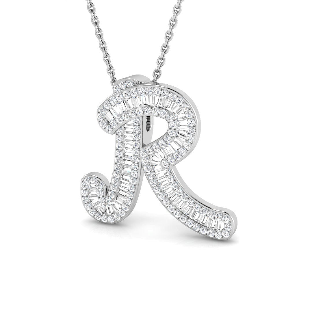 9ct white gold R initial pendant natural diamond