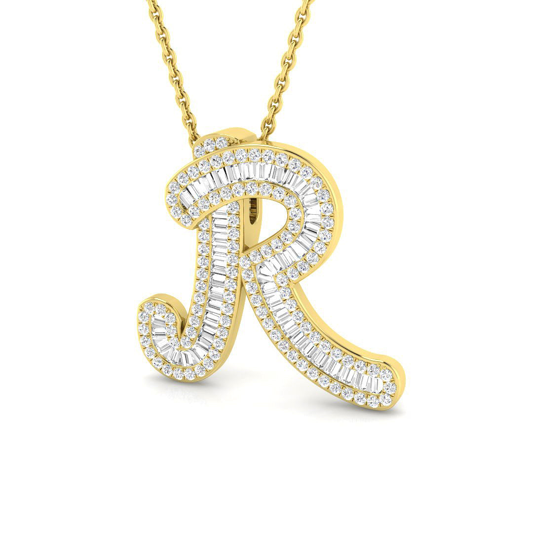 Yellow Gold Baguette Diamond Initials Pendant