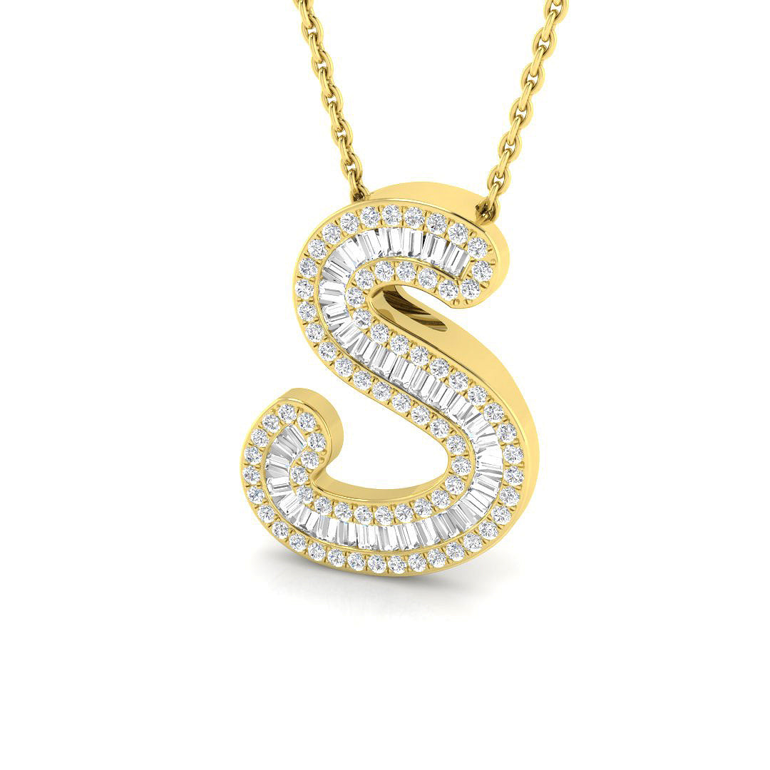 Yellow Gold Baguette Diamond Initials Pendant
