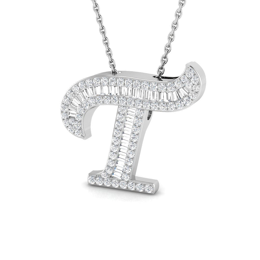 9ct white gold T initial pendant natural diamond