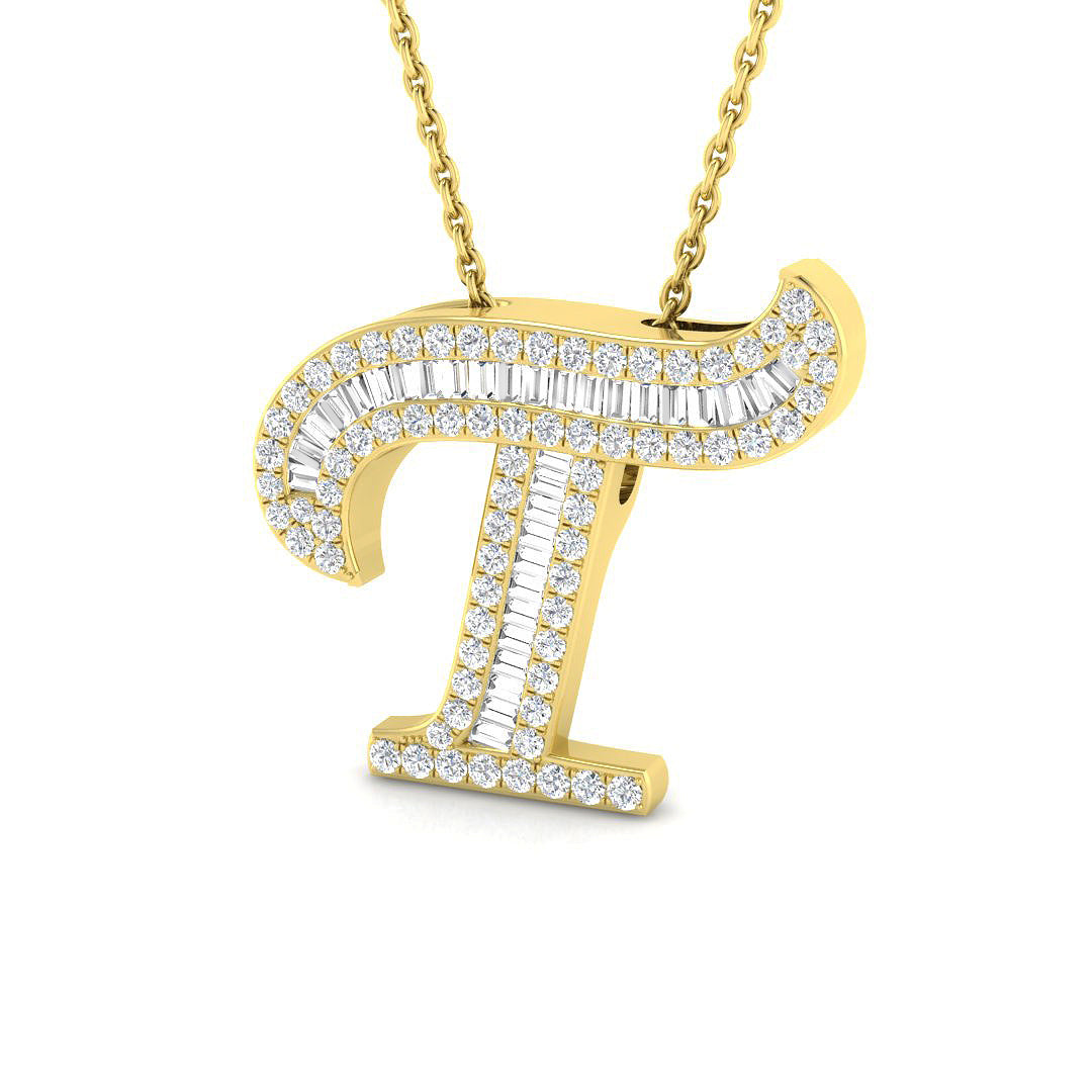 Yellow Gold Baguette Diamond Initials Pendant