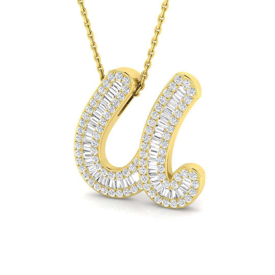 Yellow Gold Baguette Diamond Initials Pendant