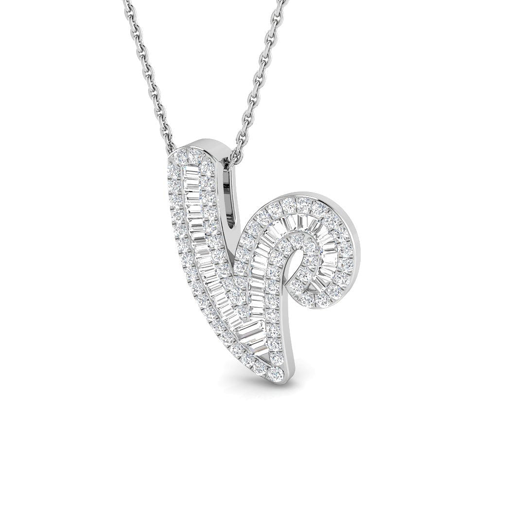 9ct white gold V initial pendant natural diamond