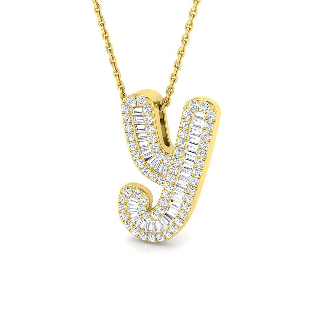Yellow Gold Baguette Diamond Initials Pendant
