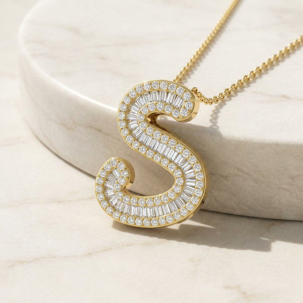 Yellow Gold Baguette Diamond Initials Pendant