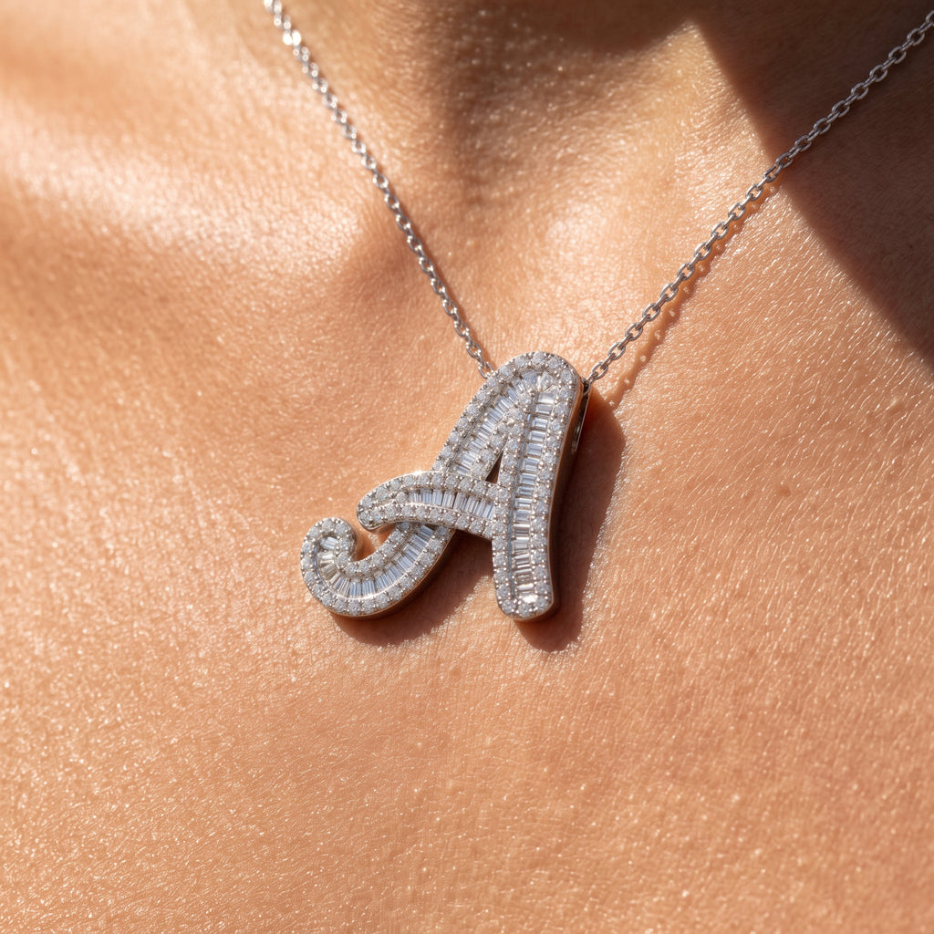 White Gold Baguette Diamond Initial Pendant