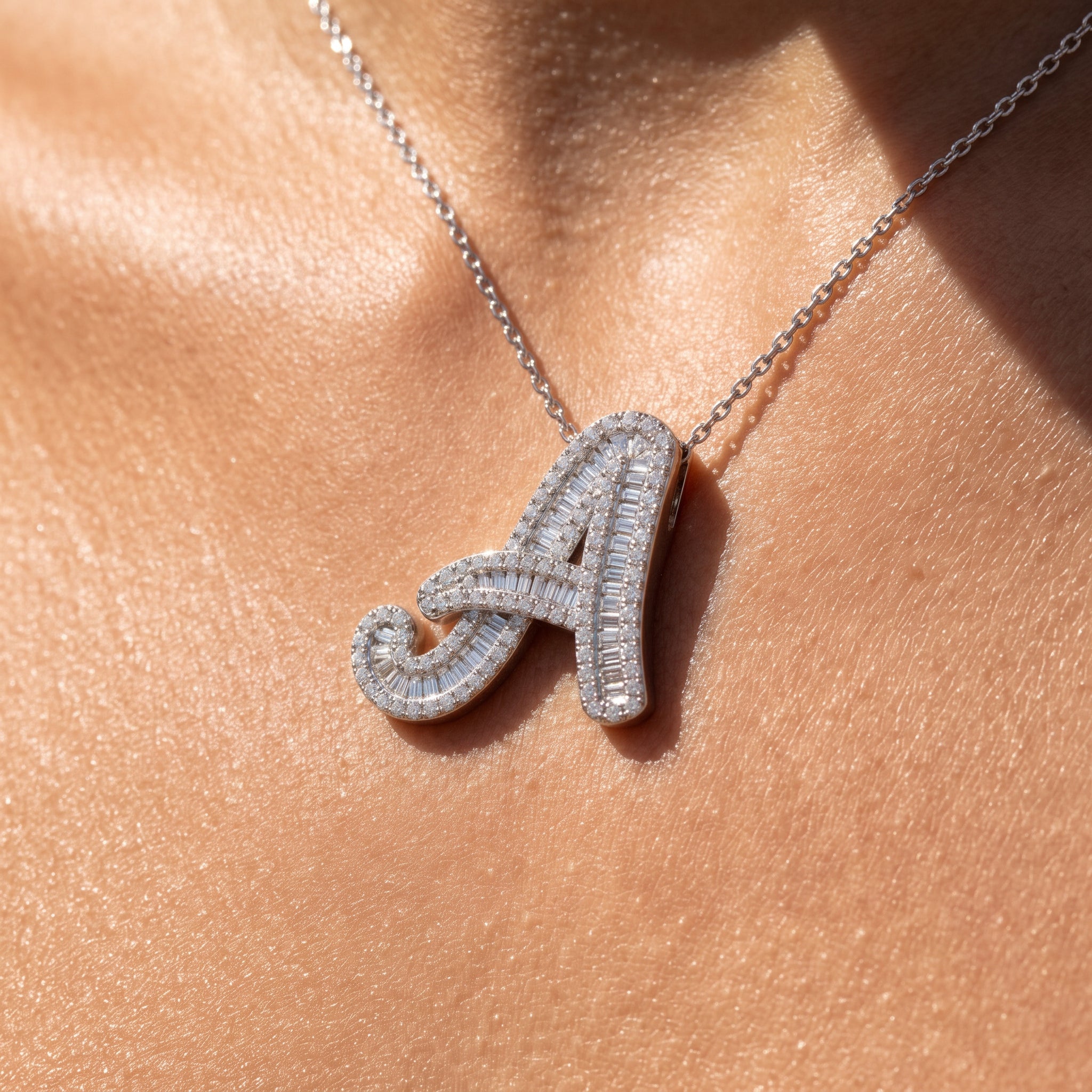 White Gold Baguette Diamond Initial Pendant