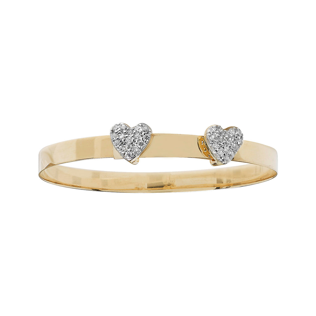 Baby bangle with double diamond hearts in yellow gold