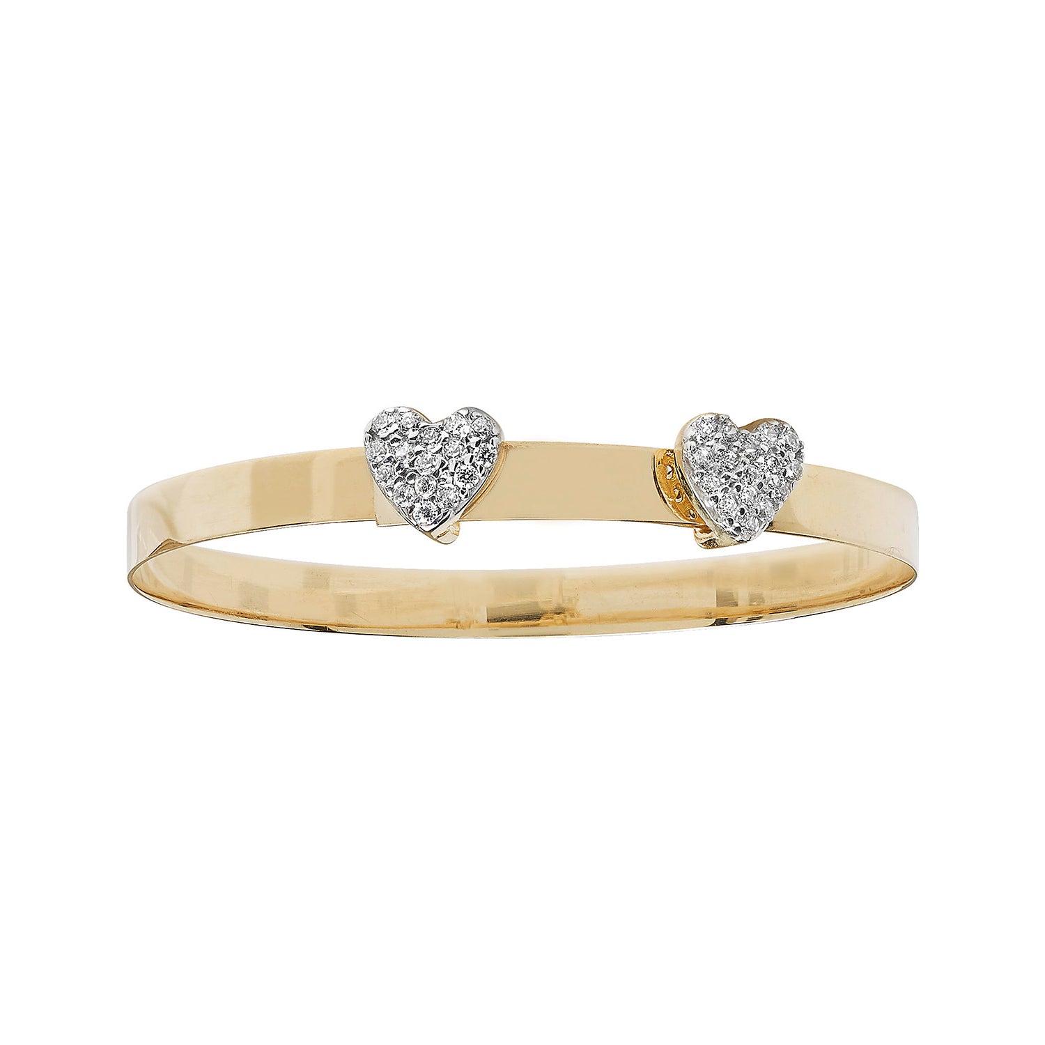Baby bangle with double diamond hearts in yellow gold
