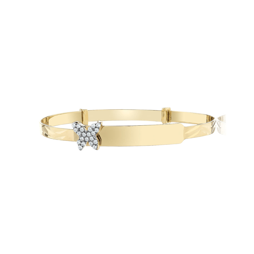 ID baby bangle with butterfly charm in yellow gold