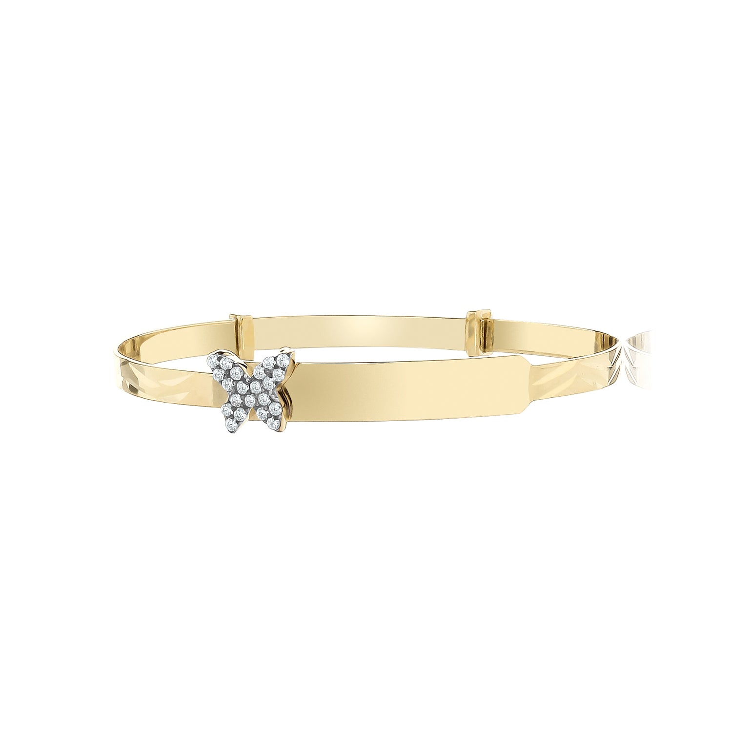 ID baby bangle with butterfly charm in yellow gold