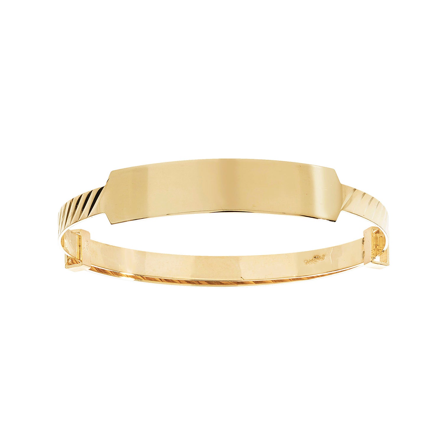 ID baby bangle with diagonal-cut pattern in yellow gold