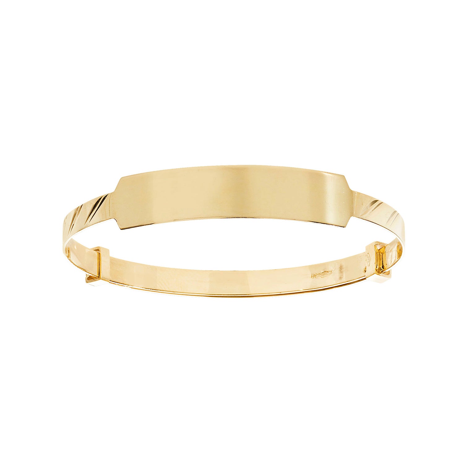 Wide ID baby bangle with diagonal-cut pattern in yellow gold
