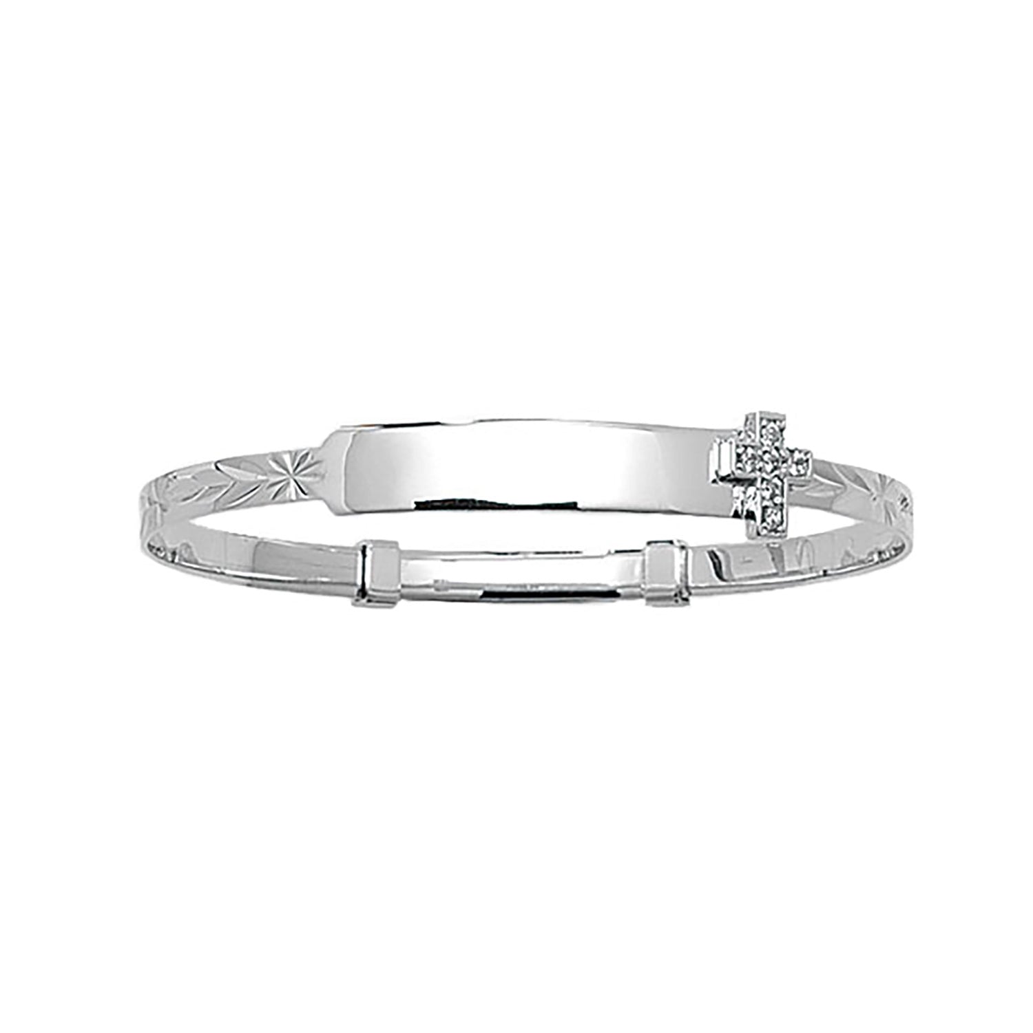 ID baby bangle with diamond cross charm in white gold
