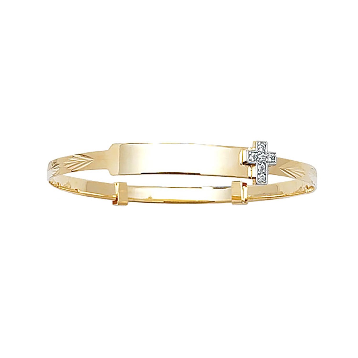 ID baby bangle with diamond cross charm in yellow gold