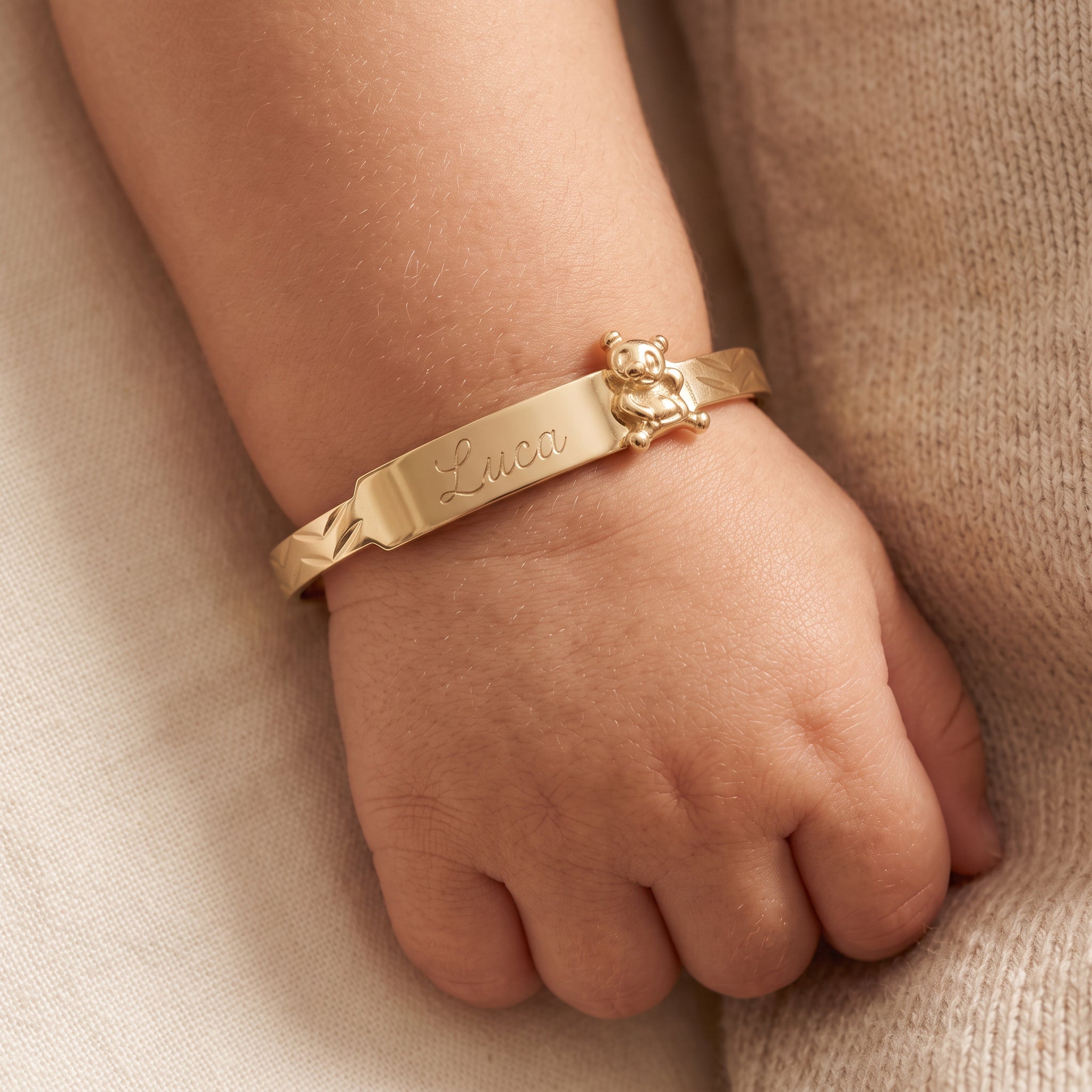 Baby ID Bangle with Teddy Bear Charm Yellow Gold