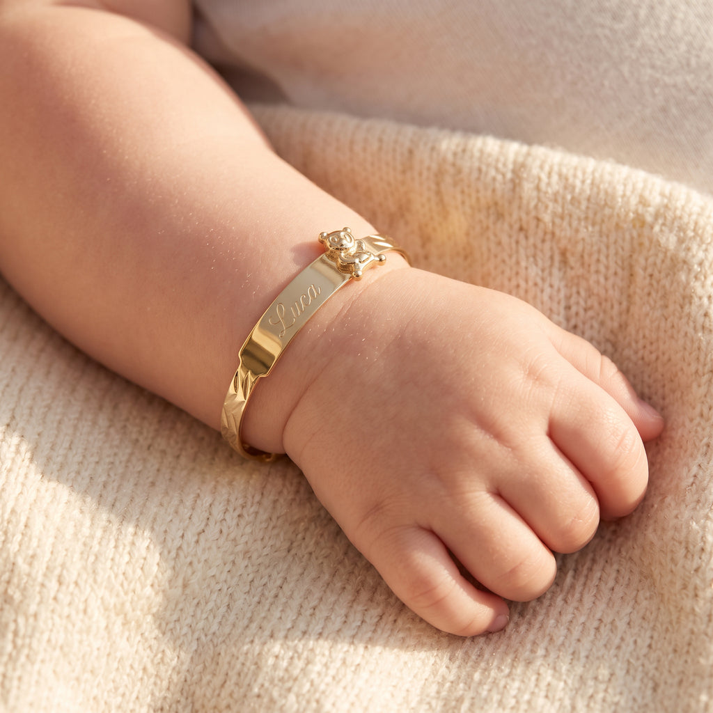 Baby ID Bangle with Teddy Bear Charm Yellow Gold