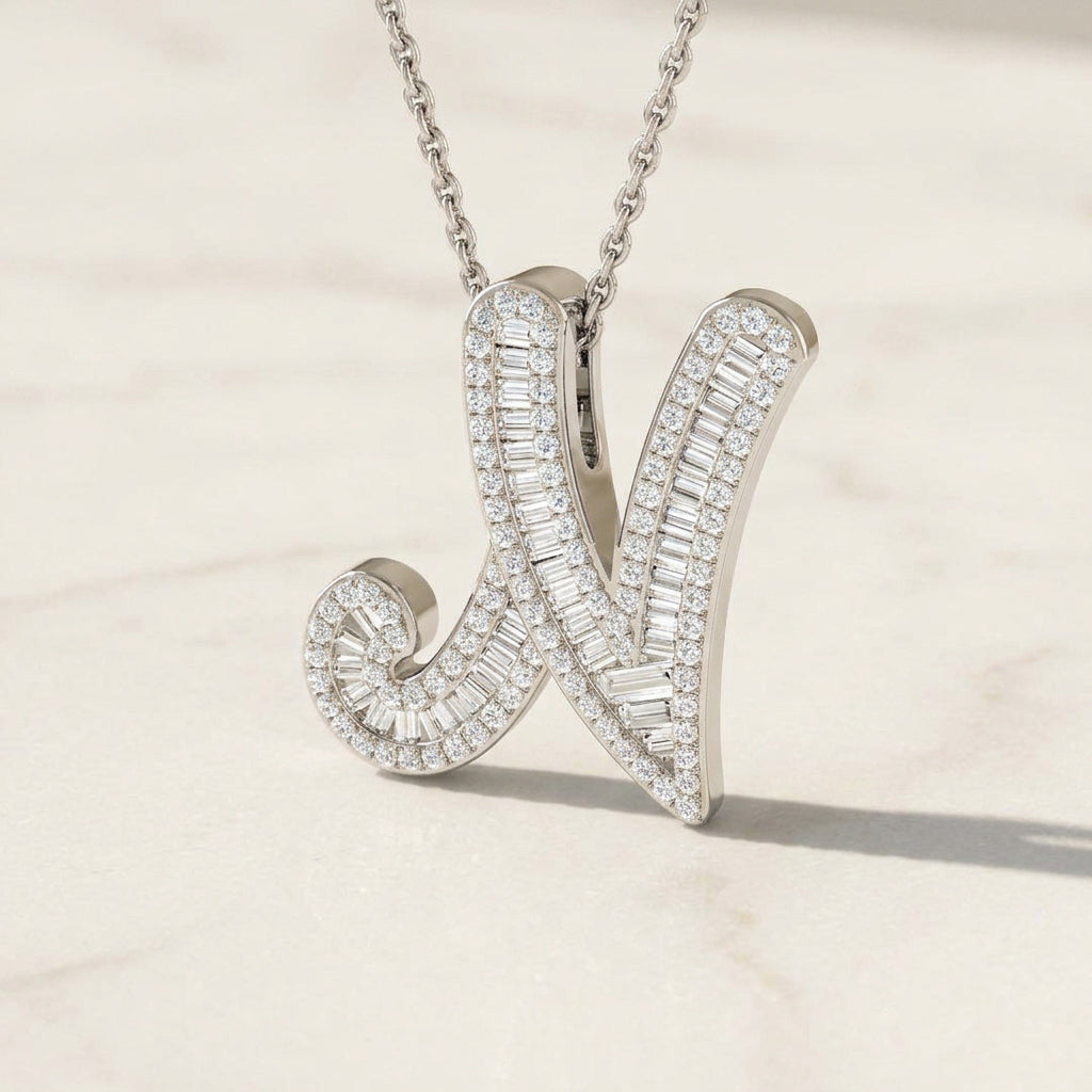 White Gold Baguette Diamond Initial Pendant