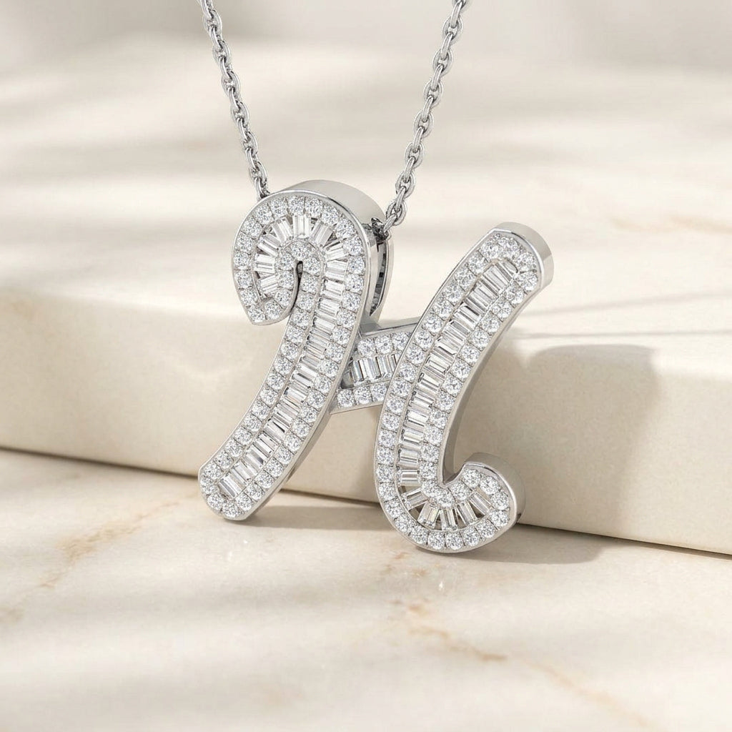 White Gold Baguette Diamond Initial Pendant