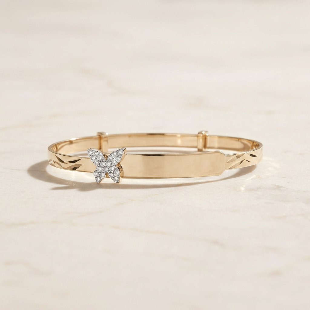 Baby ID Bangle with Butterfly Charm Yellow Gold