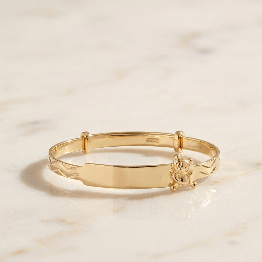 Baby ID Bangle with Teddy Bear Charm Yellow Gold