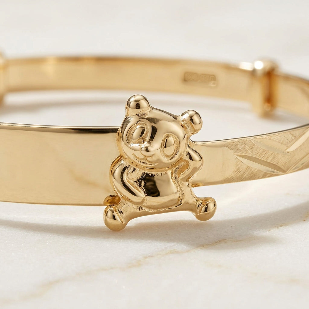 Baby ID Bangle with Teddy Bear Charm Yellow Gold