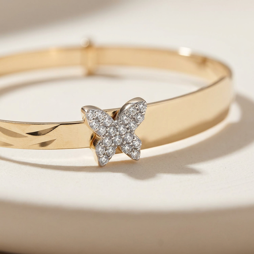 Baby ID Bangle with Butterfly Charm Yellow Gold