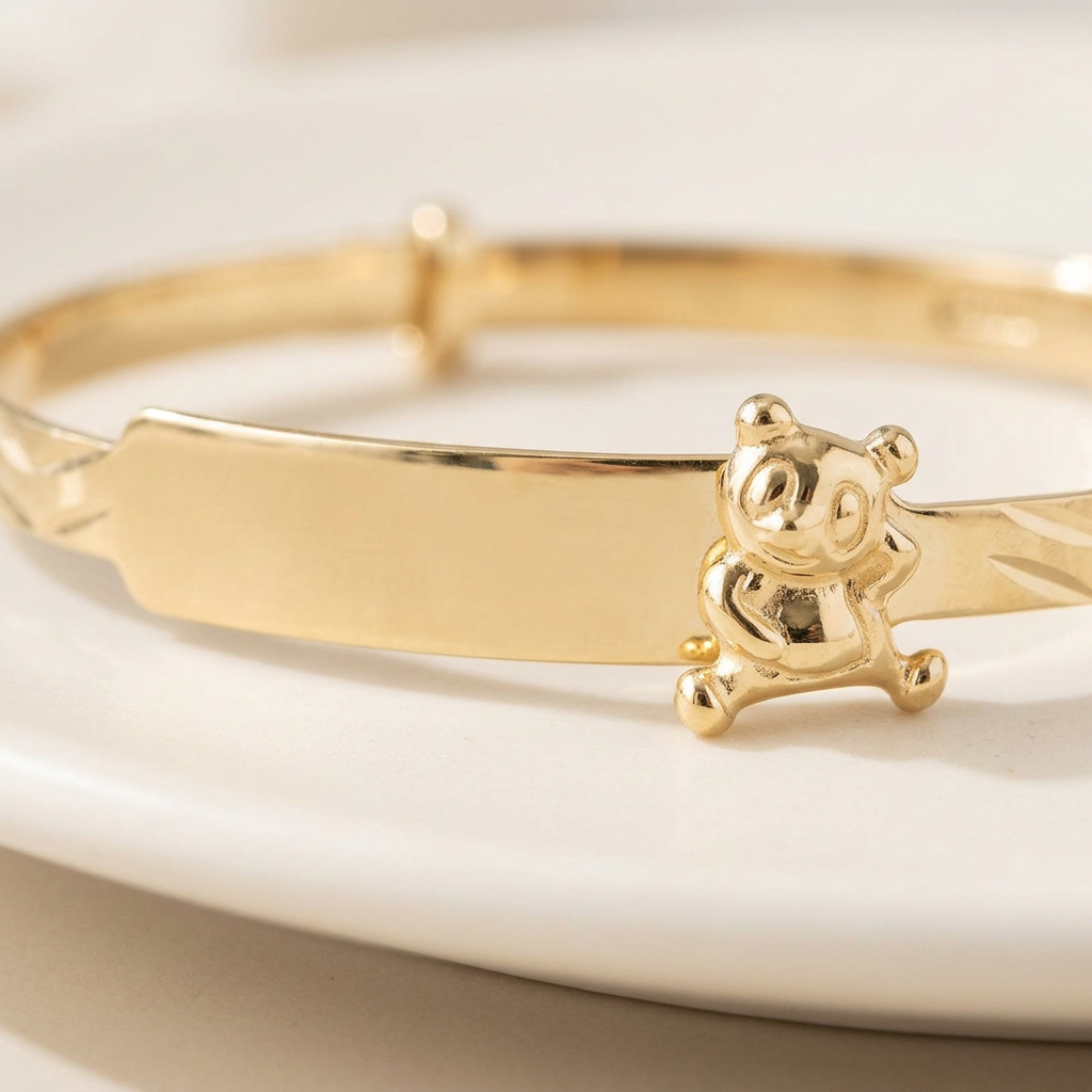 Baby ID Bangle with Teddy Bear Charm Yellow Gold